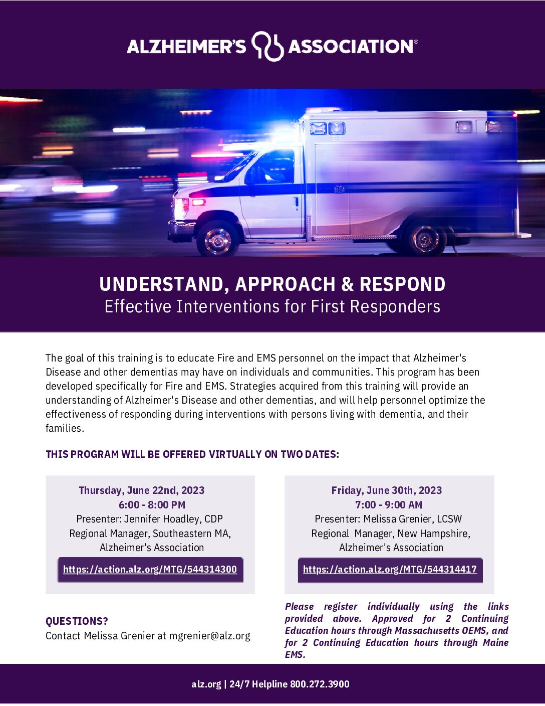 Alzheimer’s Association of MA/NH Offering Free Training for First Responders